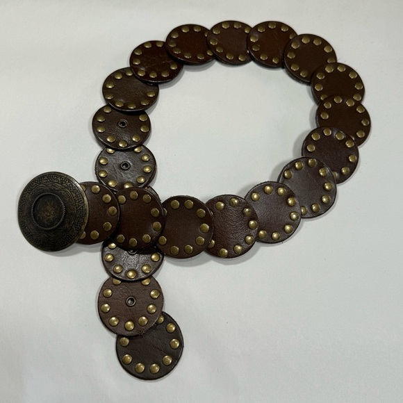 Vintage Boho Brown Genuine Leather Brass Studded Statement Belt Size Small